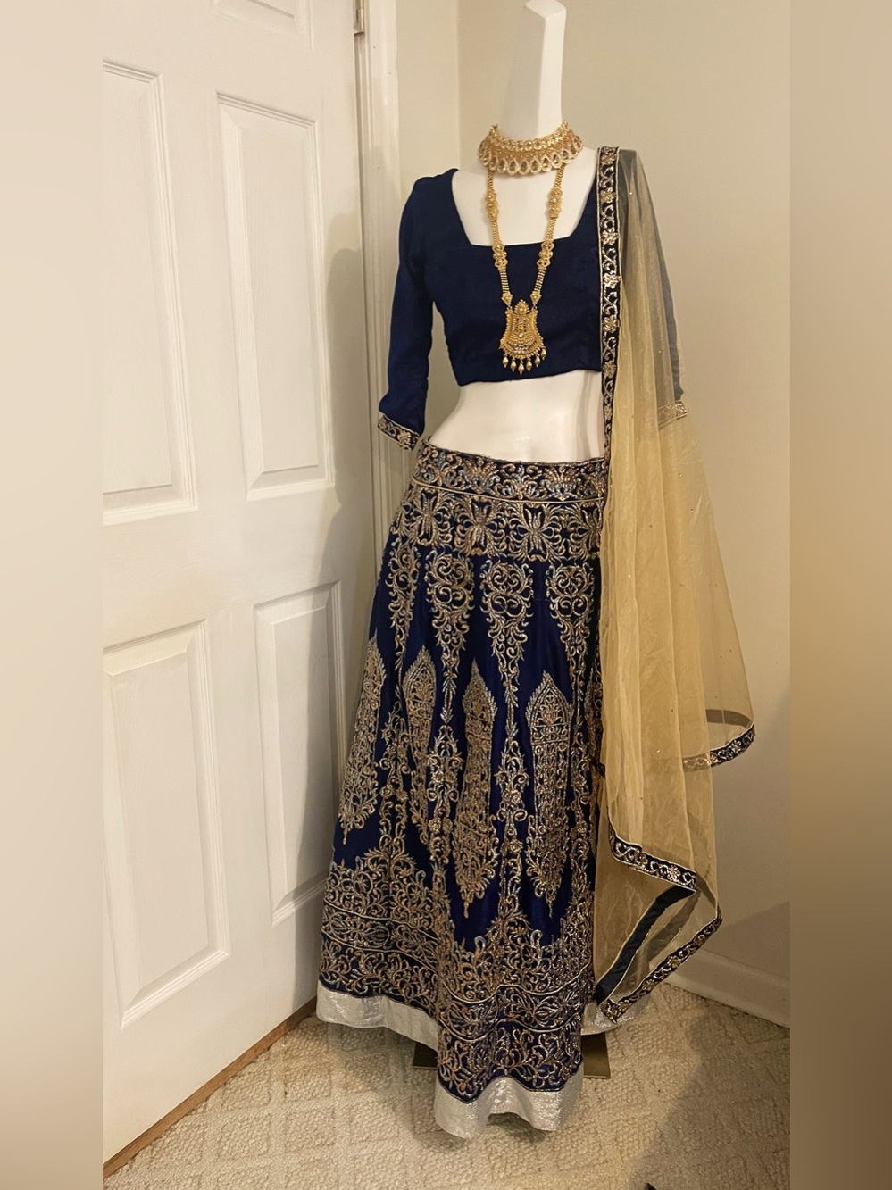 Navy Blue and Gold Embroidered Lehenga Set